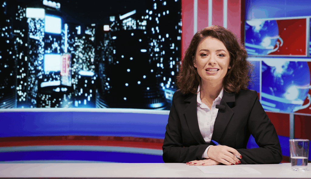 Presentadora de televisión sonriendo frente a cámara en un plató de noticias, vestida con chaqueta negra, con un fondo de skyline nocturno y pantallas informativas en tonos azul y rojo.