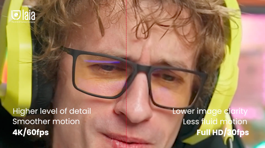 Laia Camera Image Quality Comparison: Close-up of a gamer wearing yellow headphones and glasses, with text comparing 4K/60fps (greater detail and smoother motion) versus Full HD/30fps (lower quality and less fluid motion)