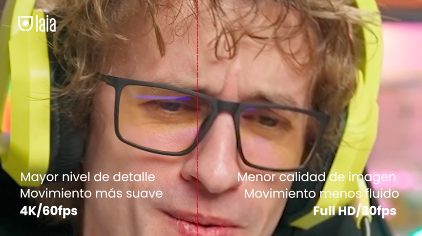 Comparativa de calidad de imagen de cámara Laia: primer plano de un gamer con auriculares amarillos y gafas, con texto que compara 4K/60fps (mayor detalle y movimiento más suave) frente a Full HD/30fps (menor calidad y movimiento menos fluido)