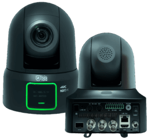Cámara PTZ 4K NDI|HX de la marca Laia, vista frontal y trasera, con pantalla OLED y panel de conexiones que incluye SFP+, HDMI, BNC, LAN PoE y puertos RS-232/RS-422