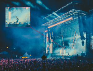 Ejemplo de zoom óptico: escenario de festival nocturno con recuadro ampliado que muestra el detalle de un artista en escena captado desde larga distancia.