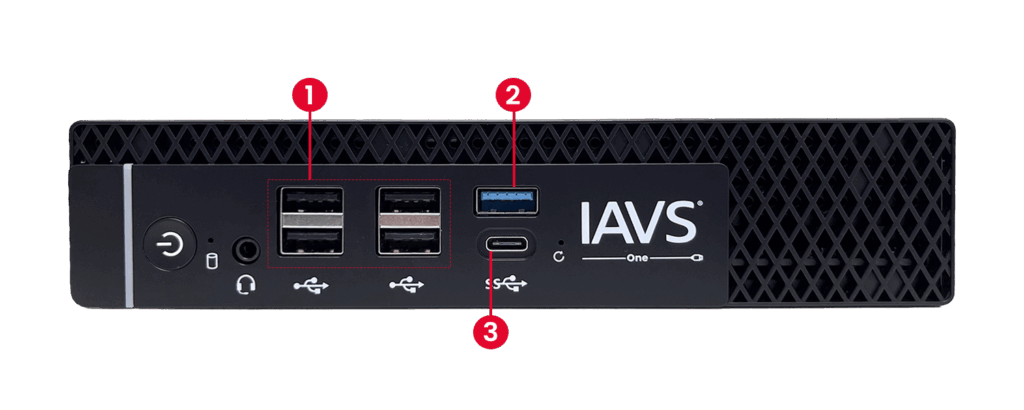 Panel frontal del IAVS® One con sus puertos numerados: 1) USB 2.0 ×4, 2) USB 3.0, 3) USB-C