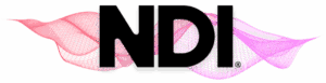 Logotipo de NDI con ondas digitales en rojo y morado.