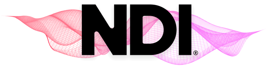Logotipo de NDI con ondas digitales en rojo y morado.