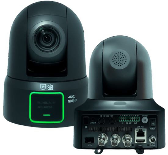 Cámara PTZ 4K NDI|HX de la marca Laia, vista frontal y trasera, con pantalla OLED y panel de conexiones que incluye SFP+, HDMI, BNC, LAN PoE y puertos RS-232/RS-422